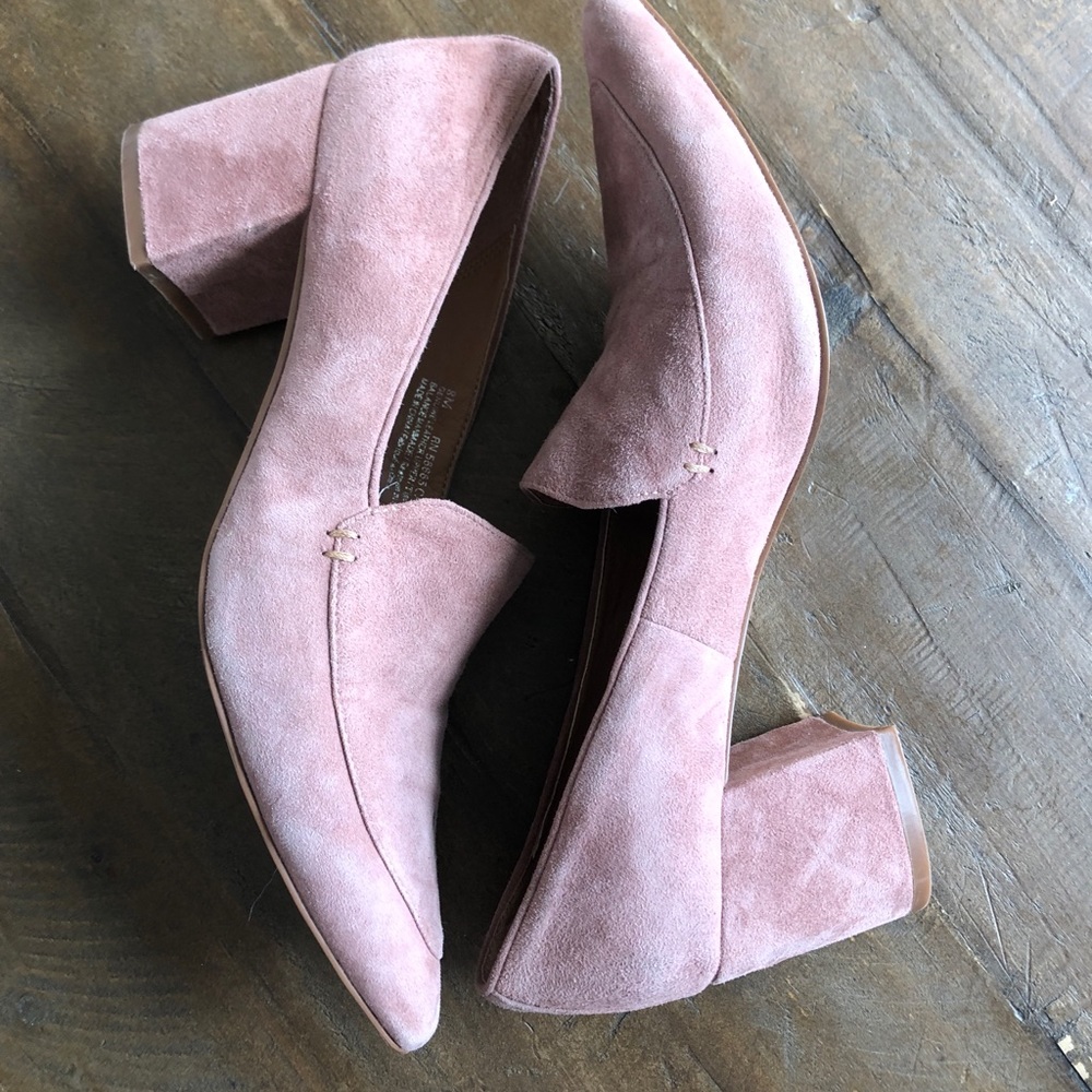 Light pink suede heeled mules